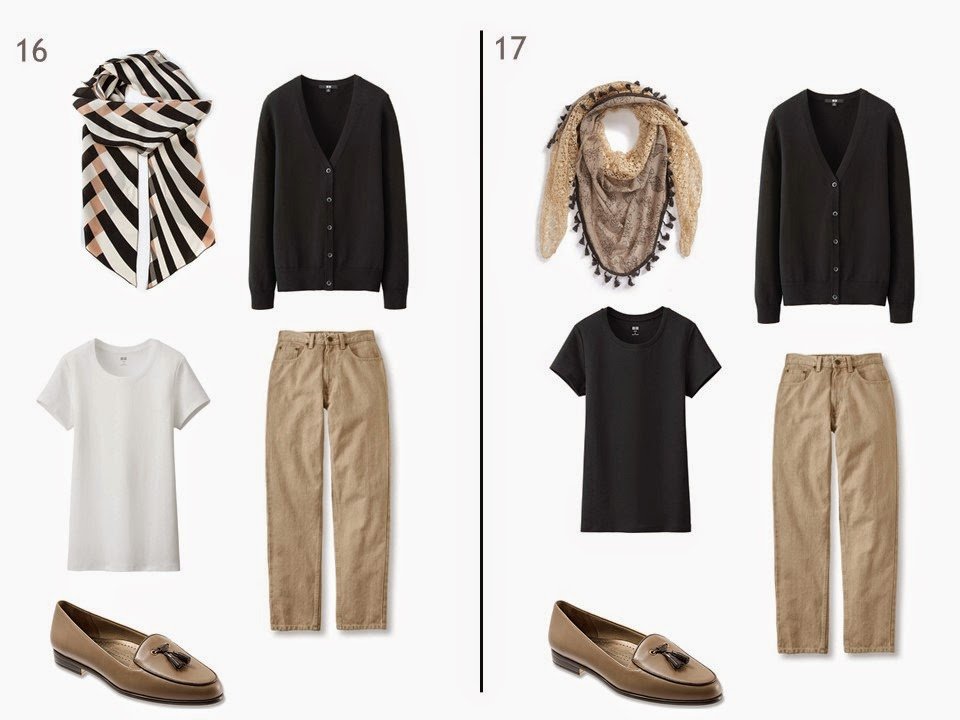 2 outfits with beige jeans and a black cardigan, one with a white tee shirt and one with a black tee shirt, each with a patterned scarf and two-toned shoes