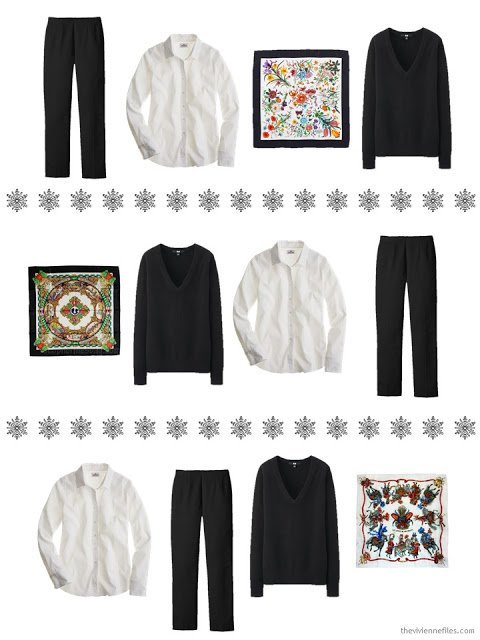 three outfits including a black v-neck sweater and an Hermes scarf