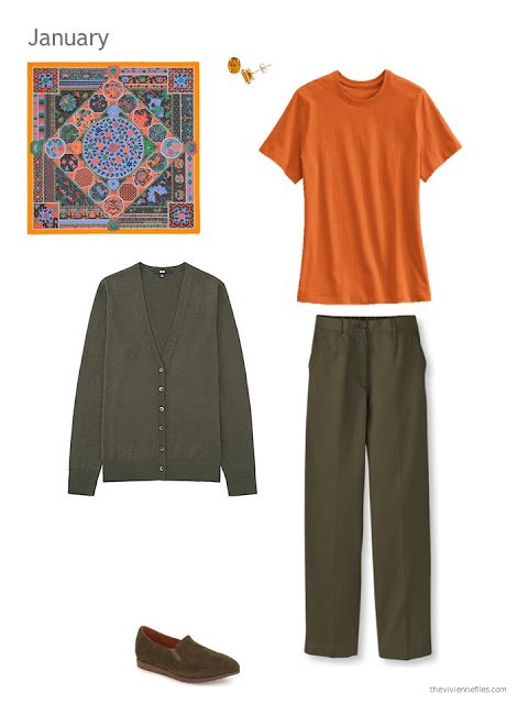 The first outfit in a capsule wardrobe in green and orange
