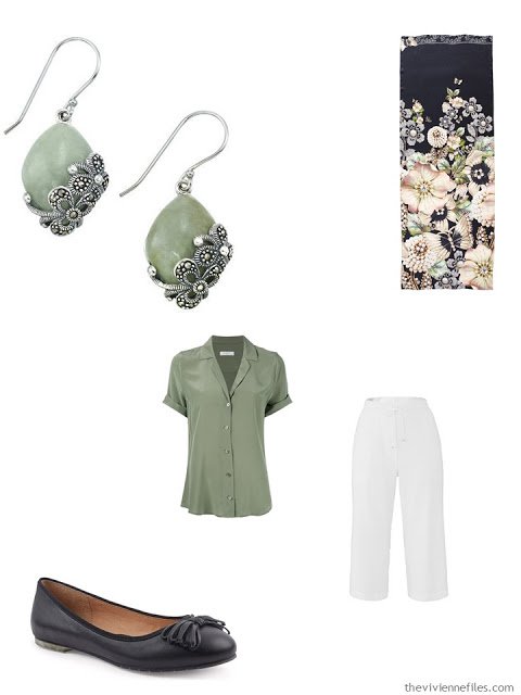 jade green blouse, white capris, jade earrings and black ballet flats