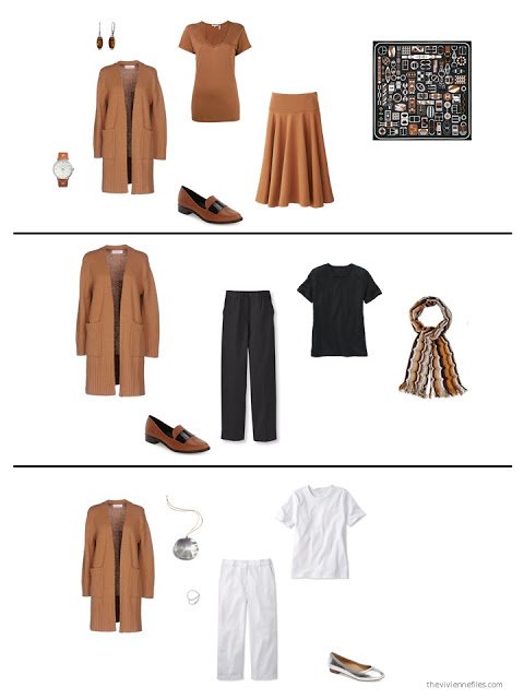 three ways to style a whiskey brown cardigan in a capsule wardrobe