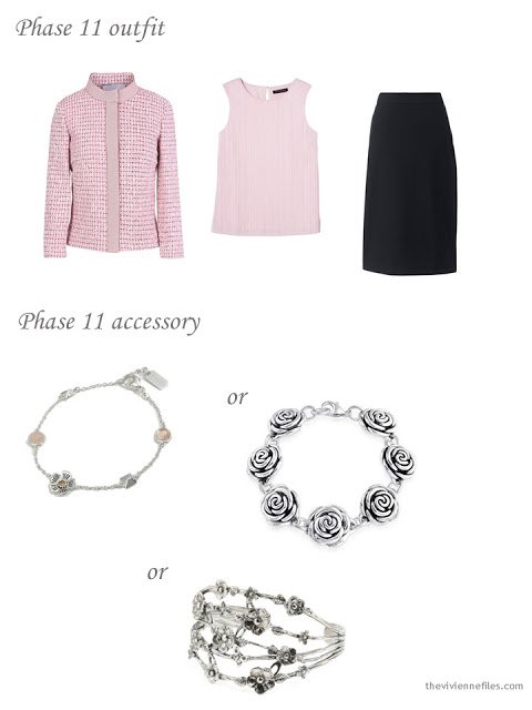 adding a floral bracelet to a dressy 4 by 4 wardrobe in pink, black and taupe