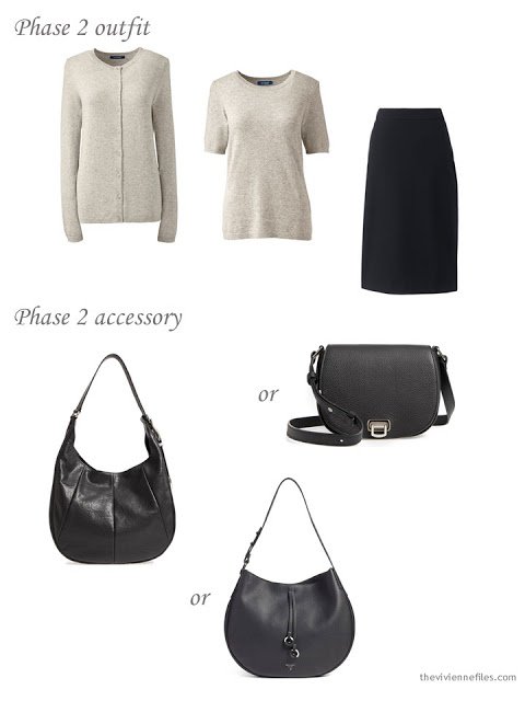 adding a handbag to a dressy 4 by 4 Wardrobe in black, taupe and pink