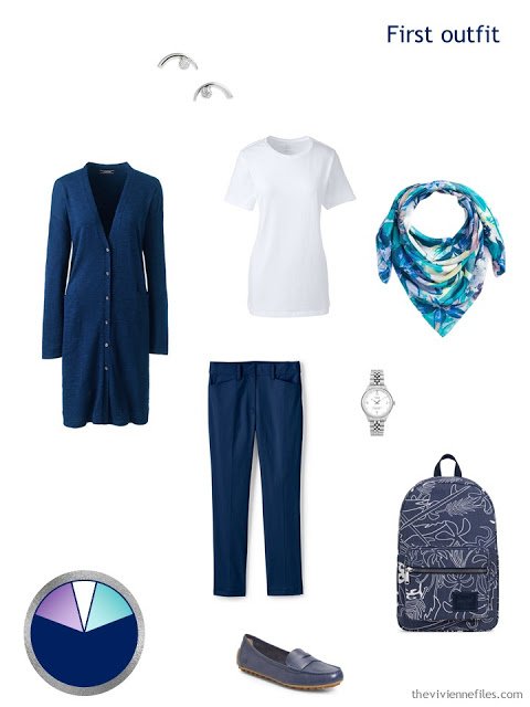 travel outfit in navy and white with lavender and teal accessories