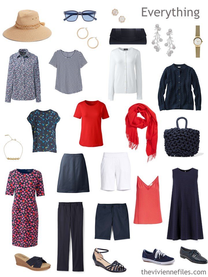 5. a navy, red and white warm-weather travel capsule wardrobe