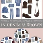 Three 13-Piece Travel Capsule Wardrobes in denim and brown