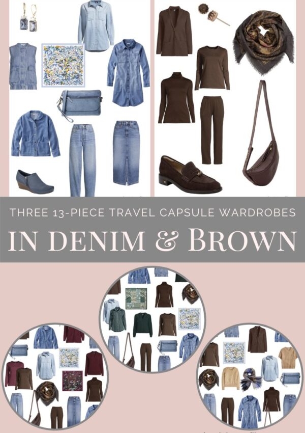 Three 13-Piece Travel Capsule Wardrobes in denim and brown