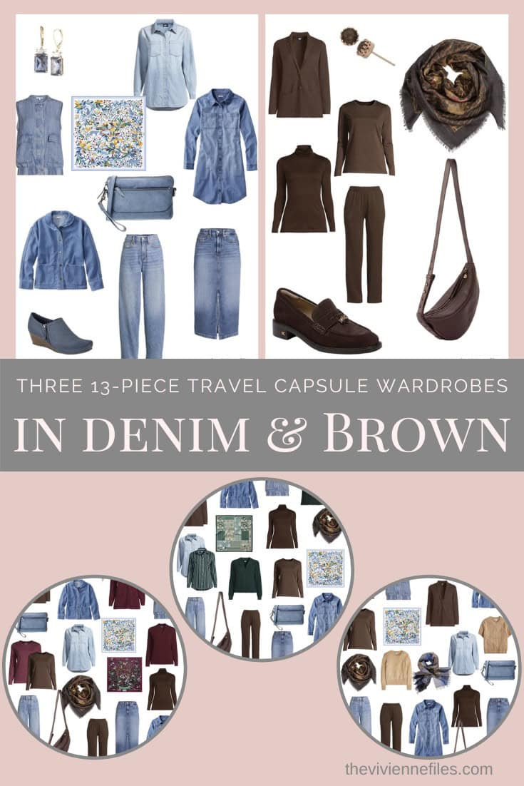 Three 13-Piece Travel Capsule Wardrobes in denim and brown