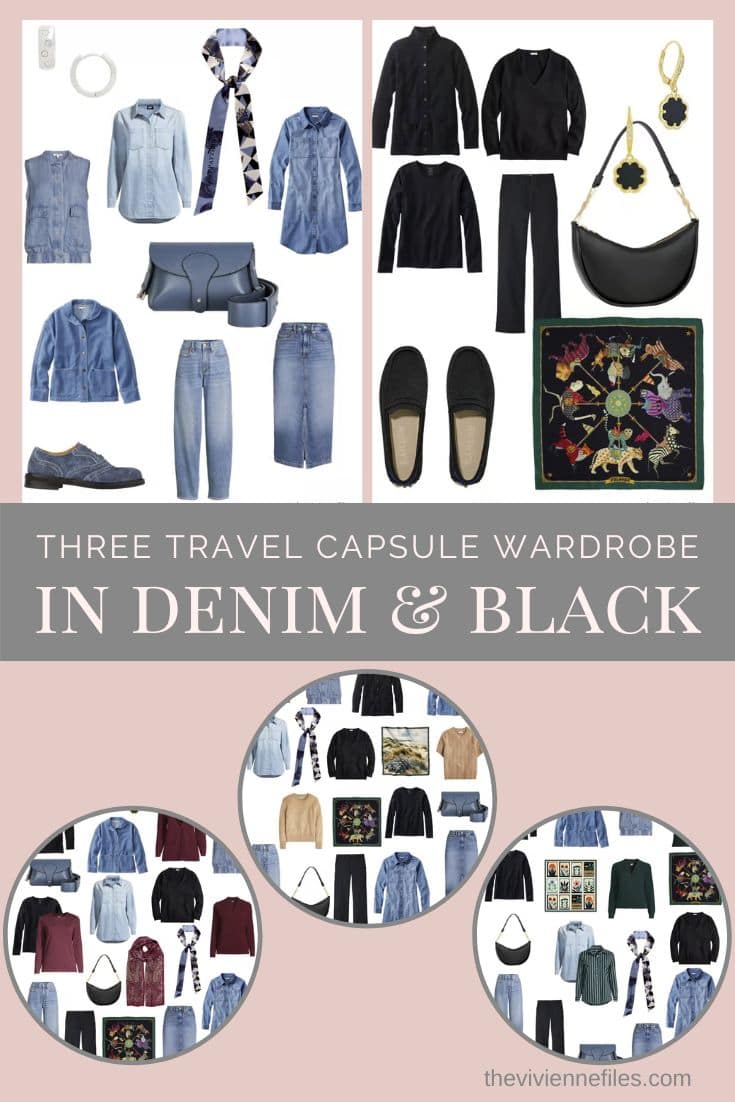 Three Travel Capsule Wardrobes in Denim and Black